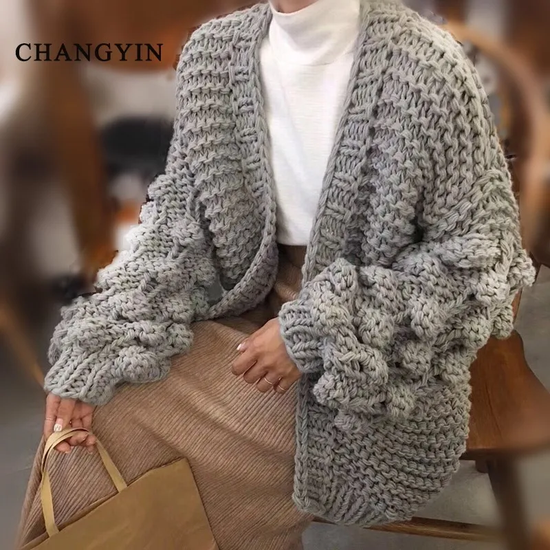 ChangYin Hollow Sweater Cardigan For Women Autumn Long Sleeve Knitted Loose Big Size Female Jumpers Open Stitch Casual Chunky |