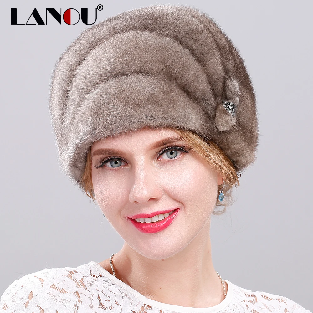 Женская зимняя обувь норки Кепки Регулируемый целый кусок Мех животных шапочка с