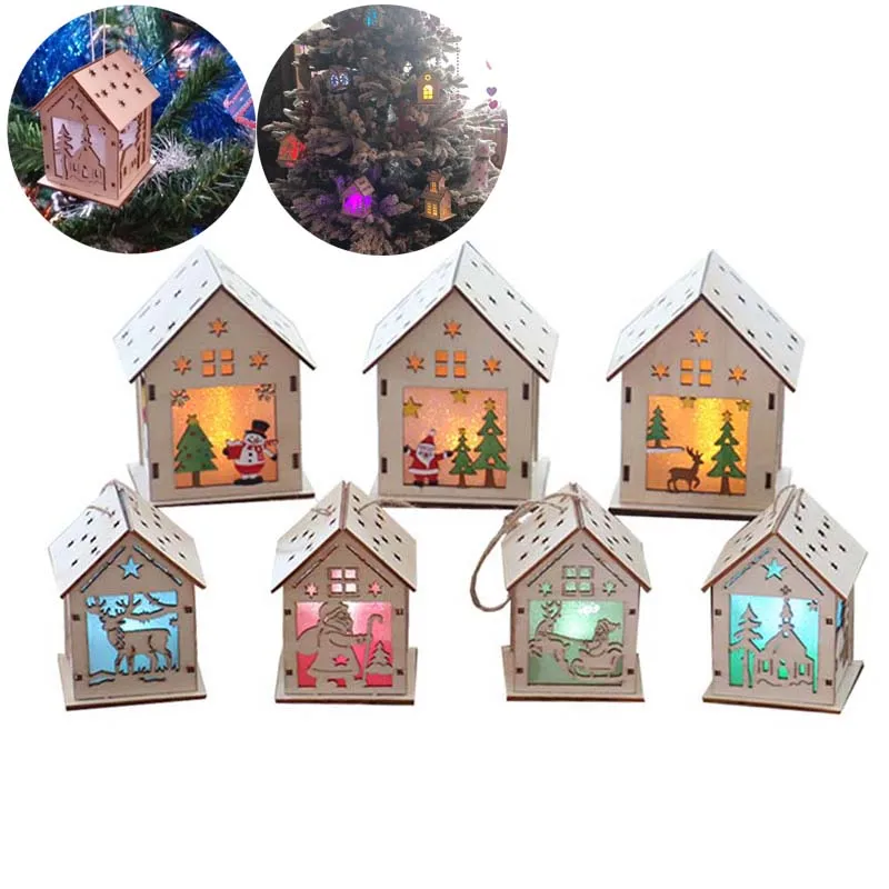 

1PC Christmas Tree Decoration LED Hanging Wooden House Fairy Light New Year Wedding Garland New Year Christmas Decor For Home