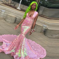 peorchid sparkly sequin pink long evening formal dresses african sexy court train mermaid black girls prom party gowns 2020