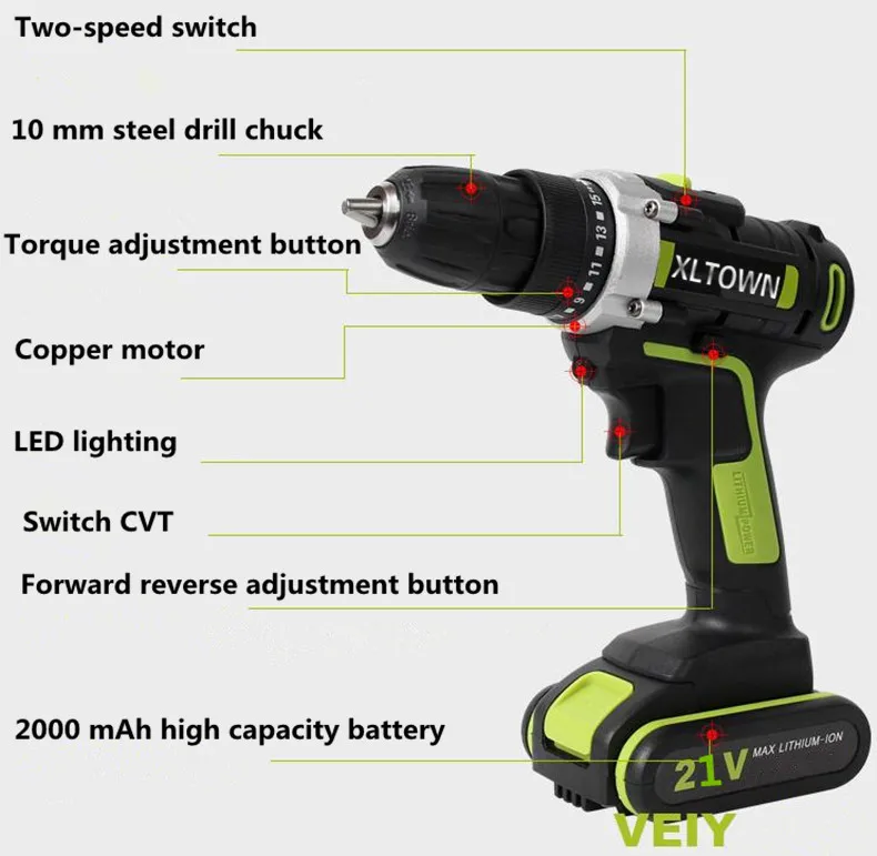 XLTOWNnew 21V 2000mA Electric Drill Large Capacity Lithium Battery Screwdriver Household Multifunction | Инструменты