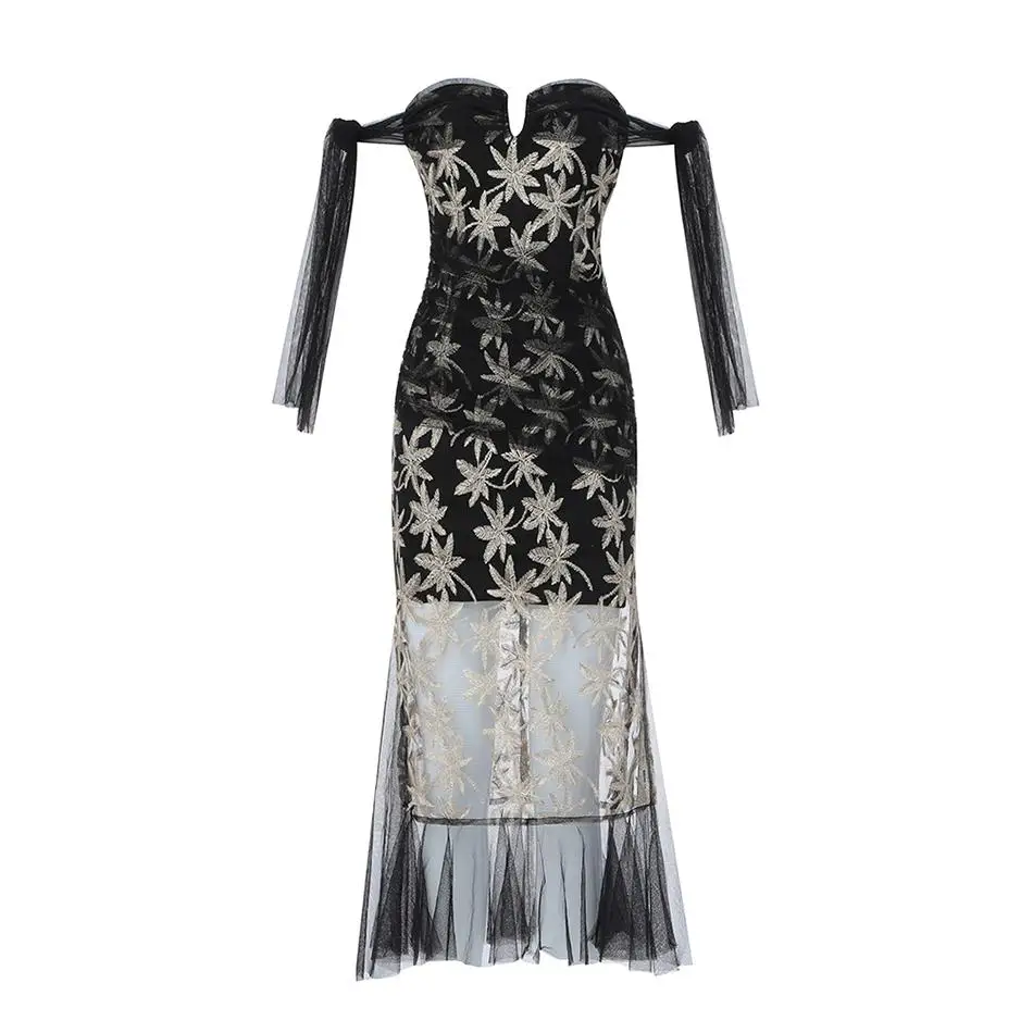 

Newest Celebrity Party Dress Women Black Sleeveless Strapless Embroidery Sexy NightClub Dress Women Mesh Mermaid Vestidos