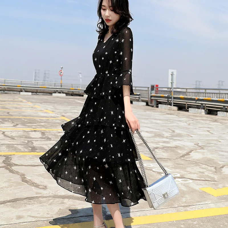 Платье женское шифоновое с V-образным вырезом приталенное сказочное платье