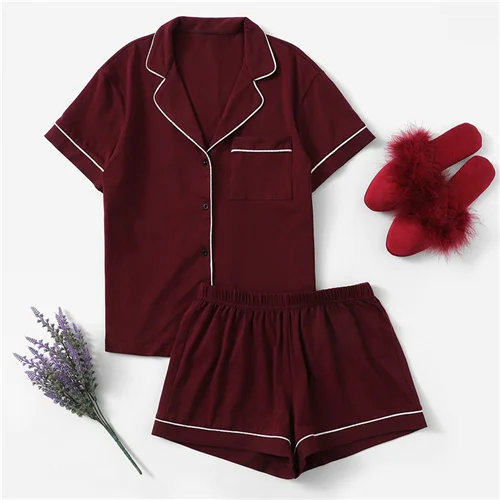 SHEIN Рубашка С Контрастной Отделкой И Шорты Пижама Комплект Женская Повседневная Пижама С Коротким Рукавом - Цвет: Burgundy