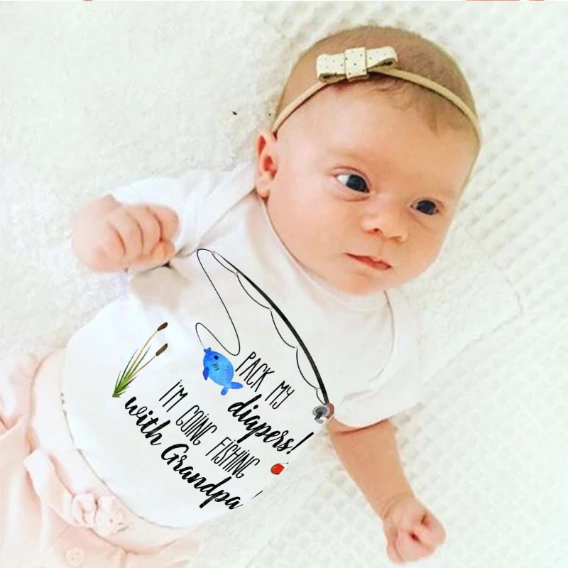 Комплект для новорожденных мальчиков и девочек с короткими рукавами и надписью «My I'm Going Fishing With Дедушка», хлопковые детские комбинезоны, детская одежда, боди