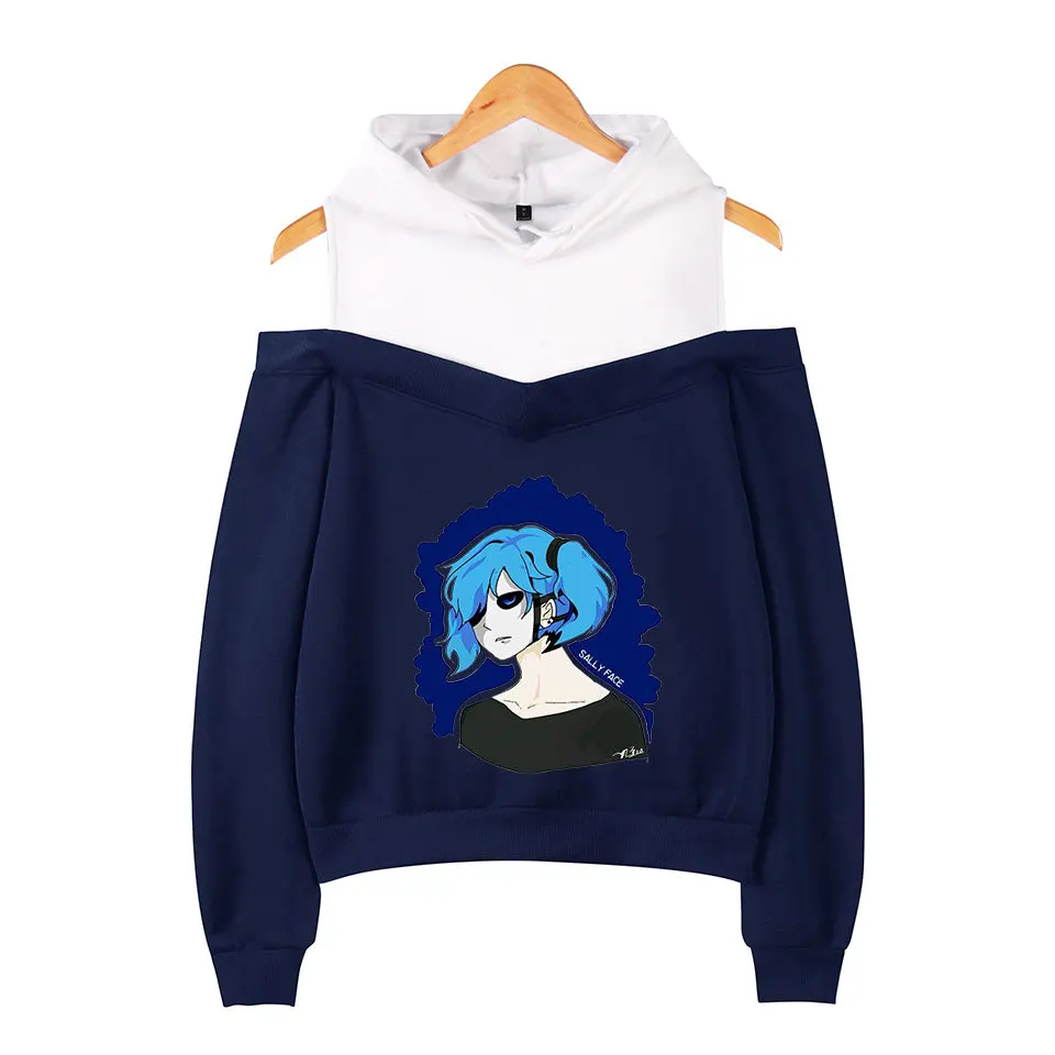 navy blue sally top Модные толстовки с капюшоном Sally Face для девочек, эксклюзивный пуловер с длинными рукавами и открытыми плечами, Женская Весенняя пикантная черная толстовка XS - Цвет: navy blue sally top