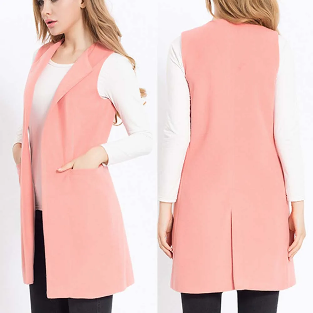 Autumn Women Wool Blend Vest Waistcoat Lady Long Coat Casual Sleeveless Pocket Jacket Plus Size YF809 | Женская одежда