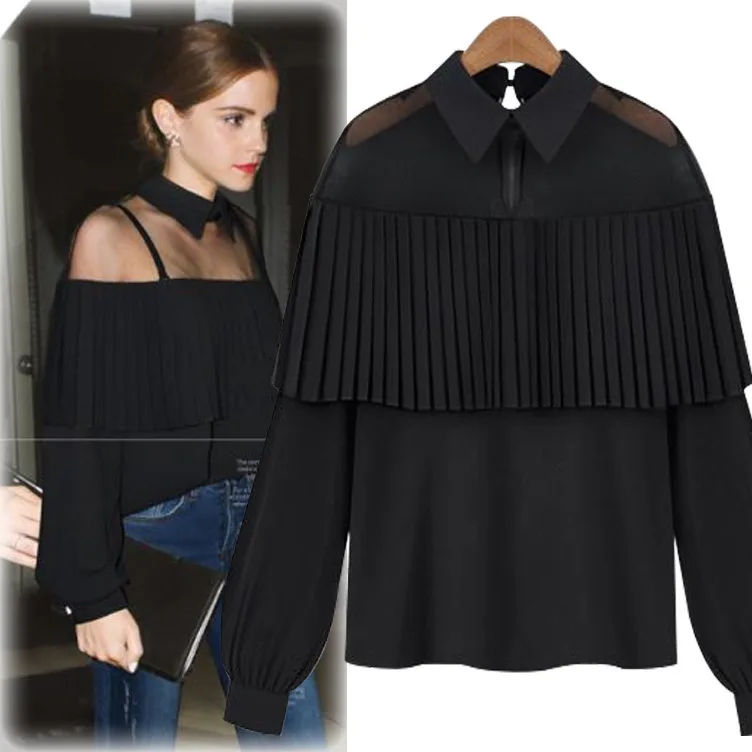 2019 Streetwear Loose Ruffles Blouses Female Long Sleeve Turn-down Collar Ladies Tops Spliced Cotton Womens and |