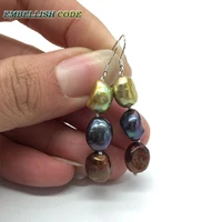 popular hook dangle triad earring long shape cultured pearls blue peacock coffee yellow color rainbow lustrous gift for love