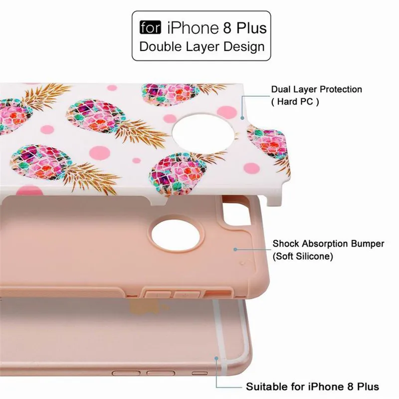 Для iphone 8 plus, двухслойный чехол из розового золота, дизайн, Жесткий ПК+ ТПУ, гибридный Чехол, свежий бампер, ананас, ударопрочный жесткий чехол с фруктами