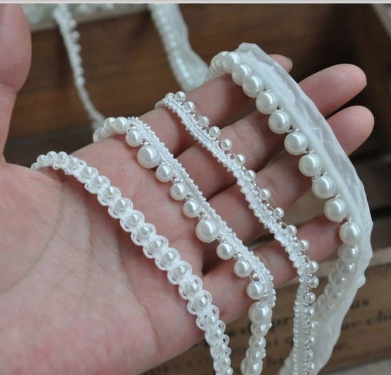 Free Shipping 3Yd Fake Pearl Beaded Lace Trim Vintage Mesh Fabric Paillette Braid Applique RS679 | Дом и сад