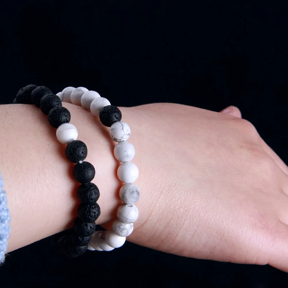 

8mm Round Natural Lava Stone Carved Rock Beads White Howlite Stone Reiki Healing Crystals Bracelet