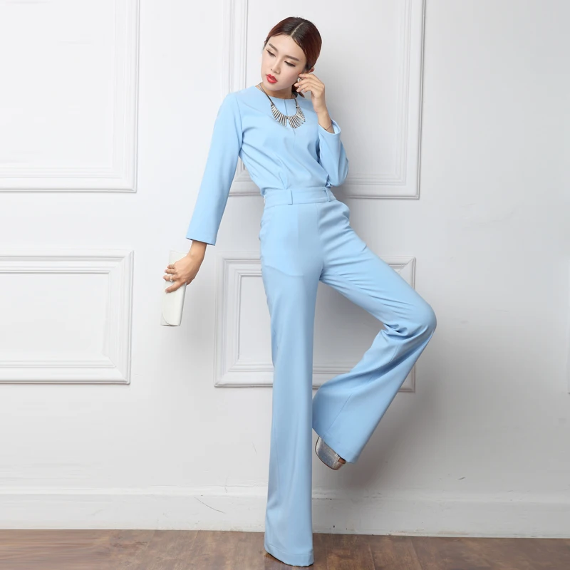 2018 Spring Office Lady Women One Piece Outfits Jumpsuits Long Sleeve Loose Wide Leg Pants Sexy Bule Yellow Rompers Playsuit