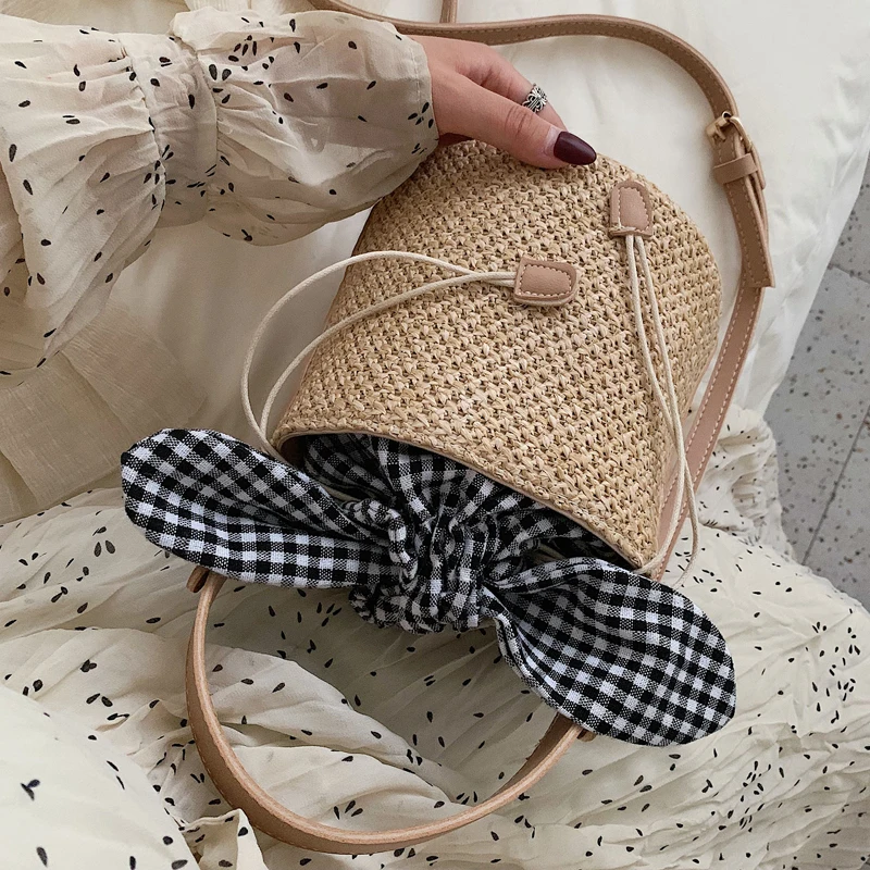 

Japan Style Weaved Designer Beach Bag Women Travel Knitted Cylindrical Straw Tote Bucket Chain Designer Holiday Shoulder Bag