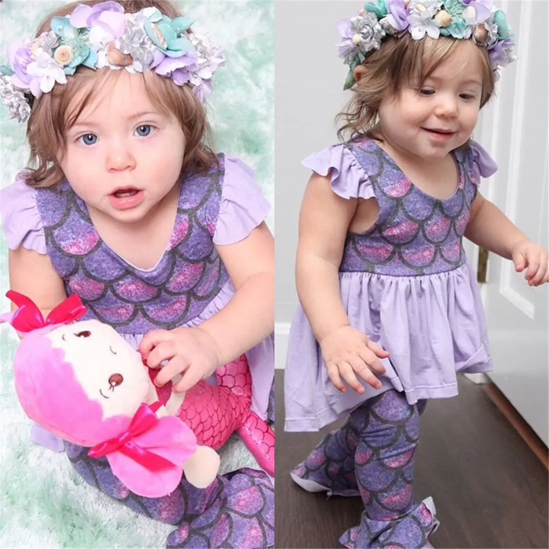 Summer children two-piece cartoon Mermaid dress + leisure pants suit girls short-sleeved clothes 2-6T | Детская одежда и обувь