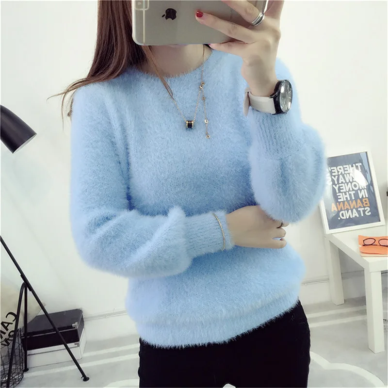 Women Candy Colors Sweaters Fashion Autumn Winter Warm Mohair O-Neck Pullover Long Sleeve Casual Sweater Knitted Tops NS8924 | Женская