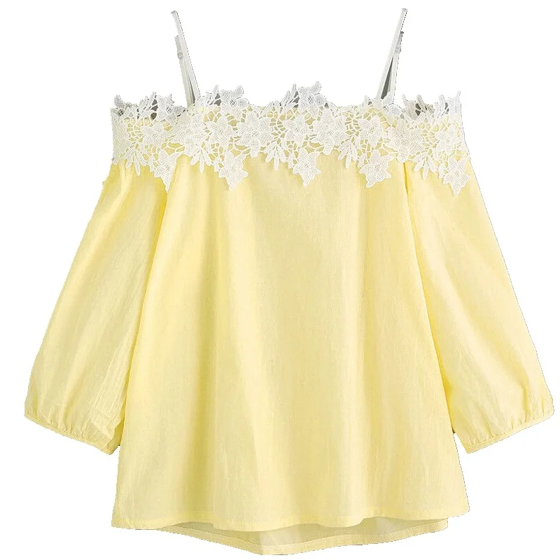 Женская кружевная блузка с открытыми плечами летняя Свободная пышными рукавами