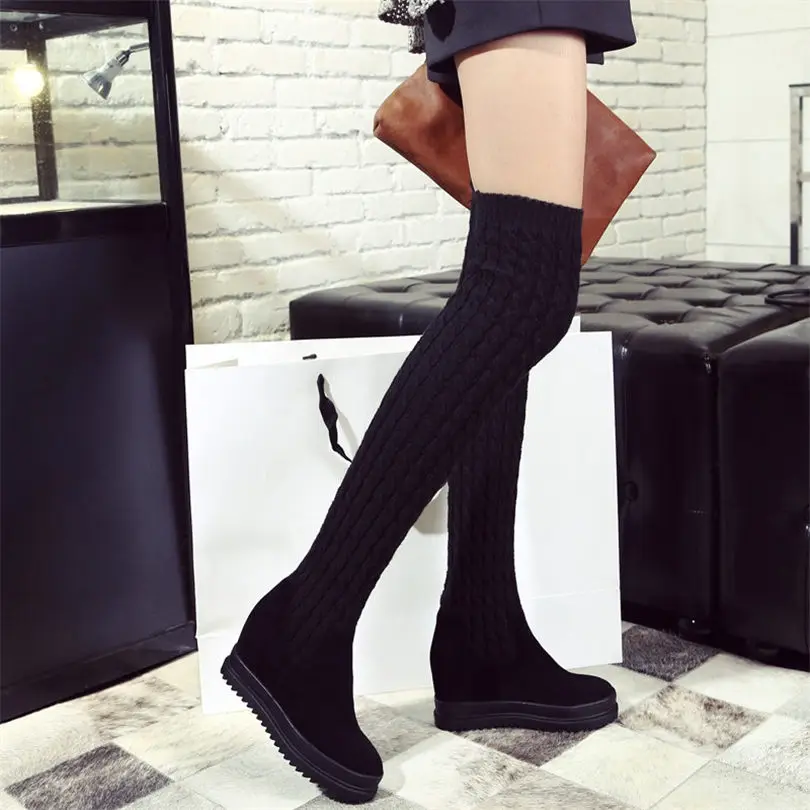 

Winter Women Genuine Leather Thigh High Fashion Sneakers Female Stretchy Knitting Wedge High Heel Over The Knee Motorcycle Boots