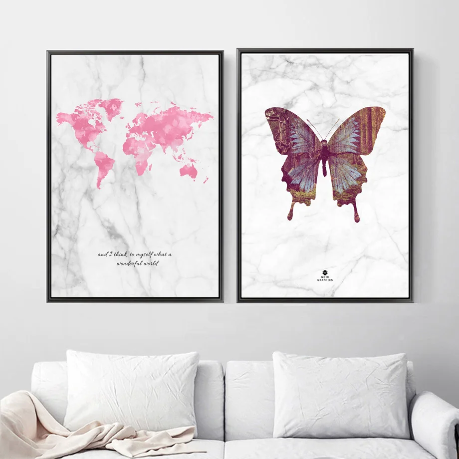 Мраморная карта мира Бабочка настенная живопись холст скандинавские постеры и