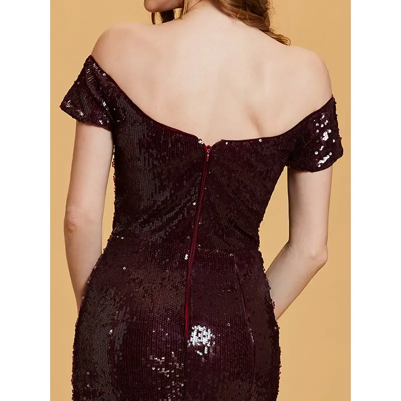 Dressv бордовое вечернее платье, дешевое, с открытыми плечами, с пайетками, Русалка, свадебное, вечернее платье, труба, вечернее платье es