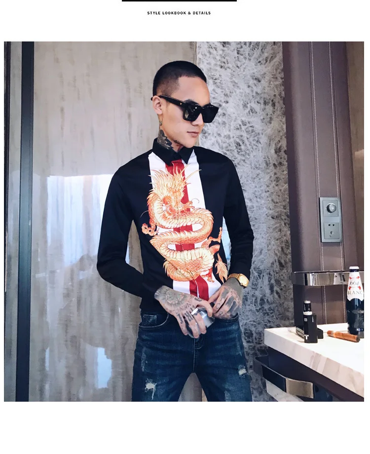 Роскошные сплайсированные ночной клуб смокинг модное платье рубашка Camisa Hombre Slim Fit рубашка Мужская Уличная с принтом дракона Мужская рубашка мужские рубашки