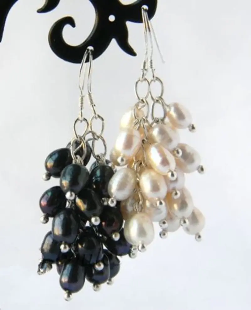 

FREE shipping> >>>2 Paris Black White Genuine Akoya Freshwater Grape Pearl Silver Earrings