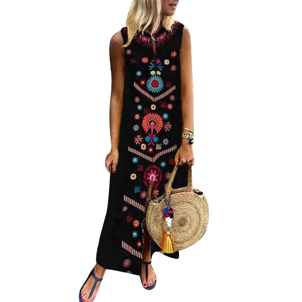 2019 Women Fashion Retro Boho Plus Size Summer Party Beach Clothing Floral Print Lady Split Sleeveless Kaftan Long Maxi Dress | Женская