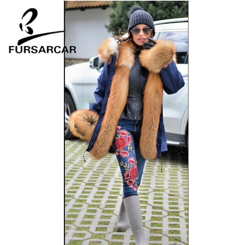 FURSARCAR New Style 2021 Real Fur Coat Parka Women With Big Gold Fox Fur Collar And Cuff Winter Luxury Thick Warm Fur Parka