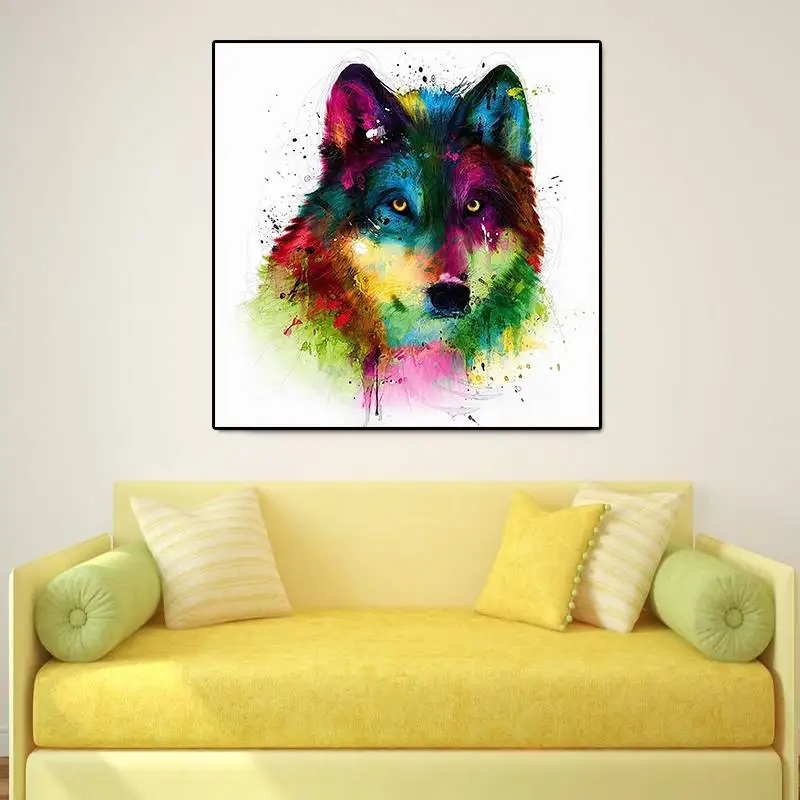 Unframed Modern Abstract Oil Painting Colorful Wolf Head Huge Wall Decor Art On Canvas | Дом и сад