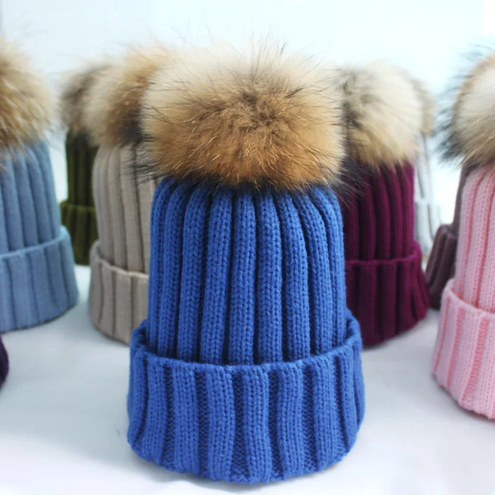 прикольные шапки Вяза вязаные Мягкая Марино шерсти шляпы с реальными мех енота