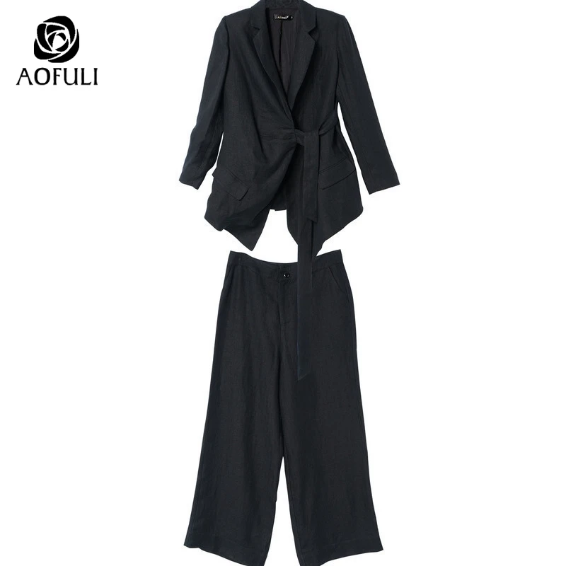 L ~ XXXL 4XL женский Блейзер комплект льняная куртка с отложным воротником и поясом