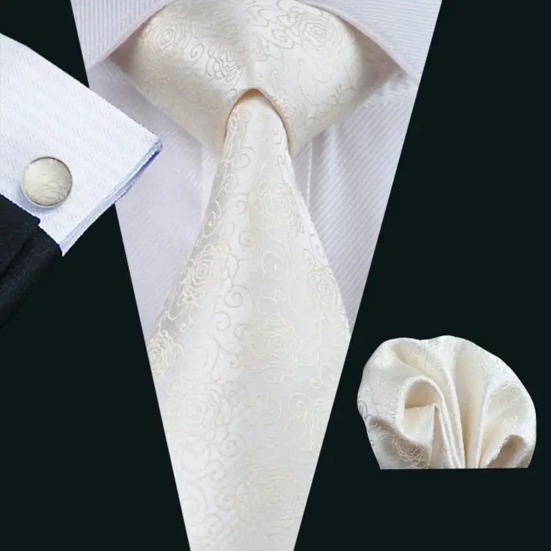 

LS-1174 Men`s Tie Ivories Floral 100% Silk Fashion Tie Hanky Cufflinks Set Necktie For Men Formal Wedding Party Business