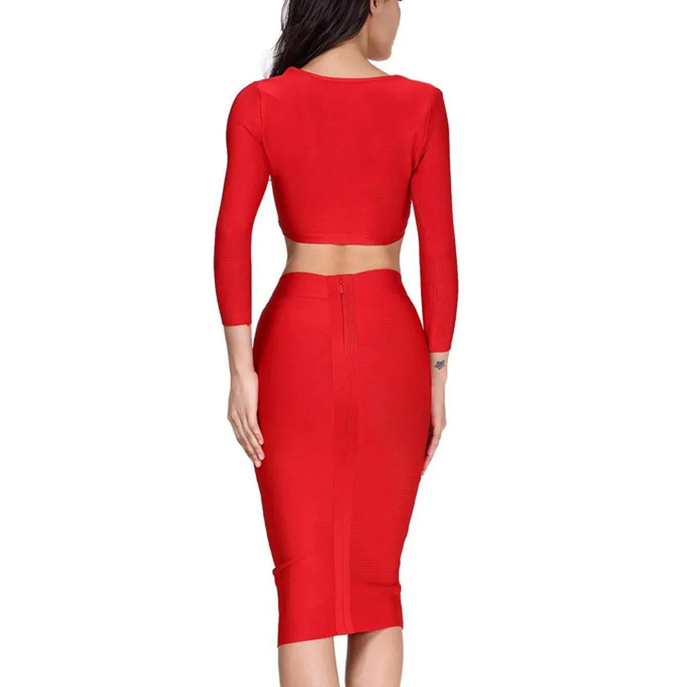 Красный комплект из 2 предметов: топ с длинными рукавами и юбка-карандаш модель 2020