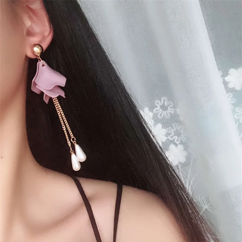 3*Korean Version of the Popular Fashion Purple Petal flower long Earrings Jewelry Girl Simulation Pearl Crystal | Украшения и