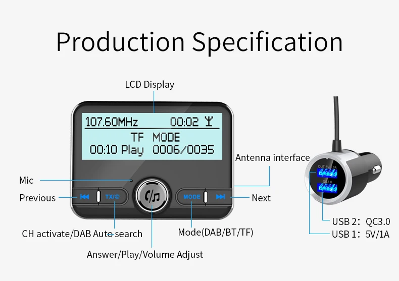 Автомобильный DAB радиоприемник с антенной, fm-передатчик, Bluetooth 4,2, Handfree, автомобильный комплект, Aux Выход, QC 3,0, быстрое зарядное устройство, поддержка TF карты