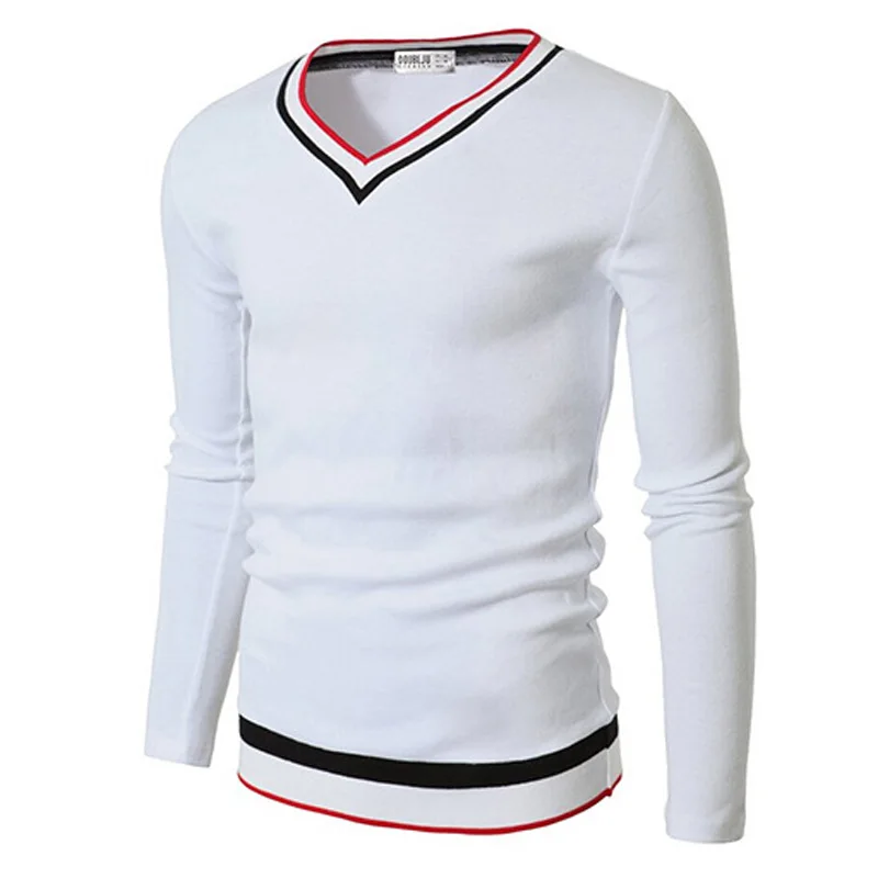 Брендовая мужская футболка новинка 2016 длинный рукав облегающая v-образный вырез