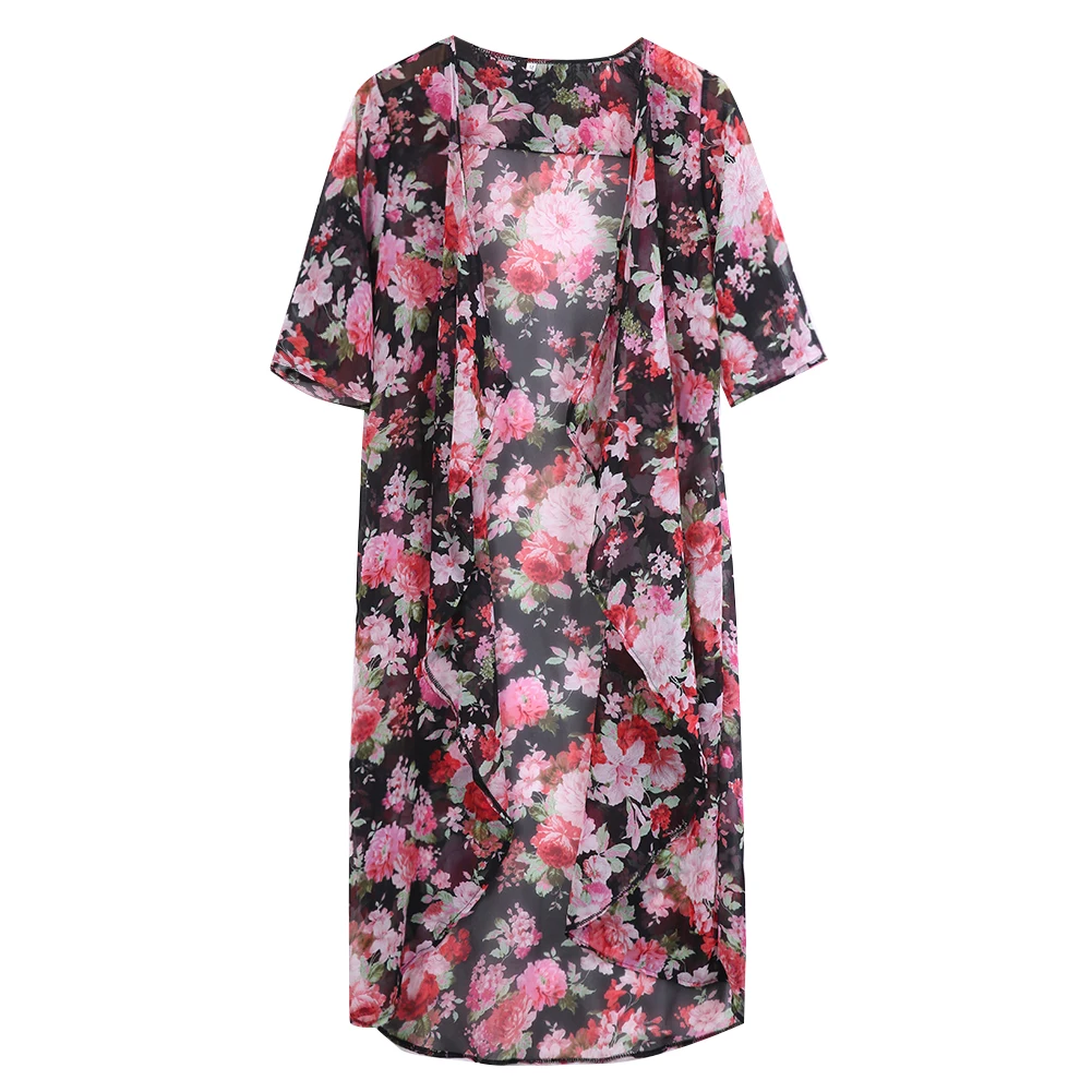 Женское свободное кимоно с цветочным принтом пляжный шифоновый топ в стиле бохо длинное пальто блузка лето