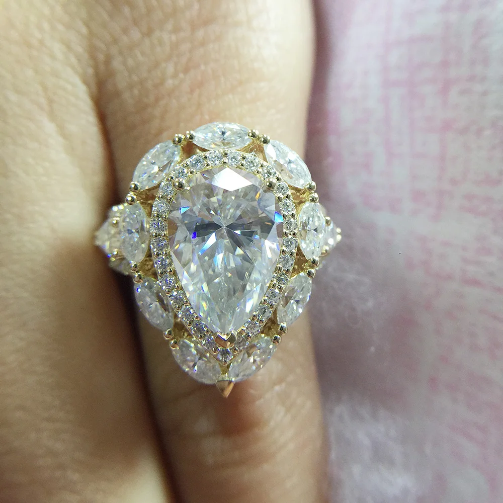Кольцо Moissanite 4ct 12x8mm, белое золото 14 k, для женщин, цвет DEF, отличное огранка, соларит с грушей, круглой огранка маркиз