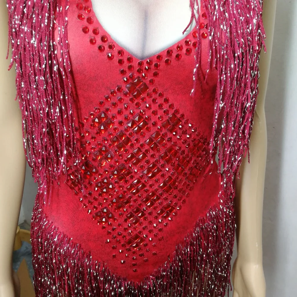 Red Rhinestones Tassels Bodysuit 5 Colors Crystals Sleeveless Skinny Jumpsuit Nightclub Women Sexy DJ DS Costume Dance Wears |