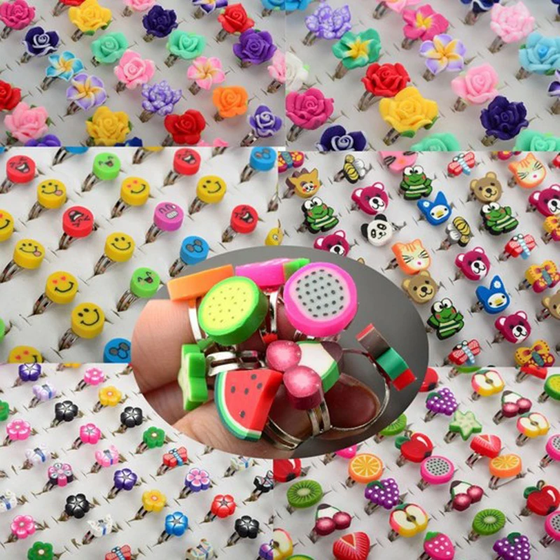 

Mixed 50Pcs/Lots Polymer Clay Children Kids Flower Finger Rings For Boys Girls Wedding Party Jewelry Ring Gift Accessories