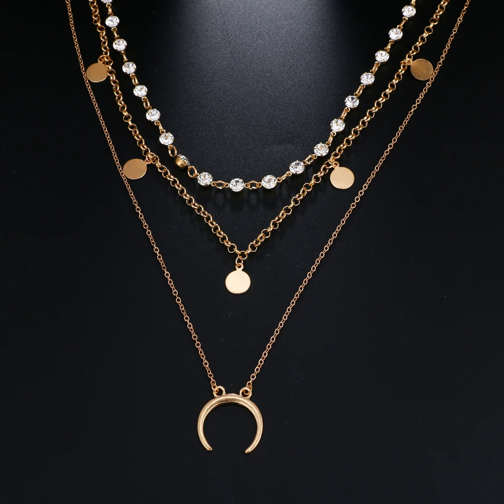 FAMSHIN Multilayer Crystal Moon Pendant Necklaces For Women Vintage Charm Choker Necklace Statement Party Jewelry Accessories | Украшения и