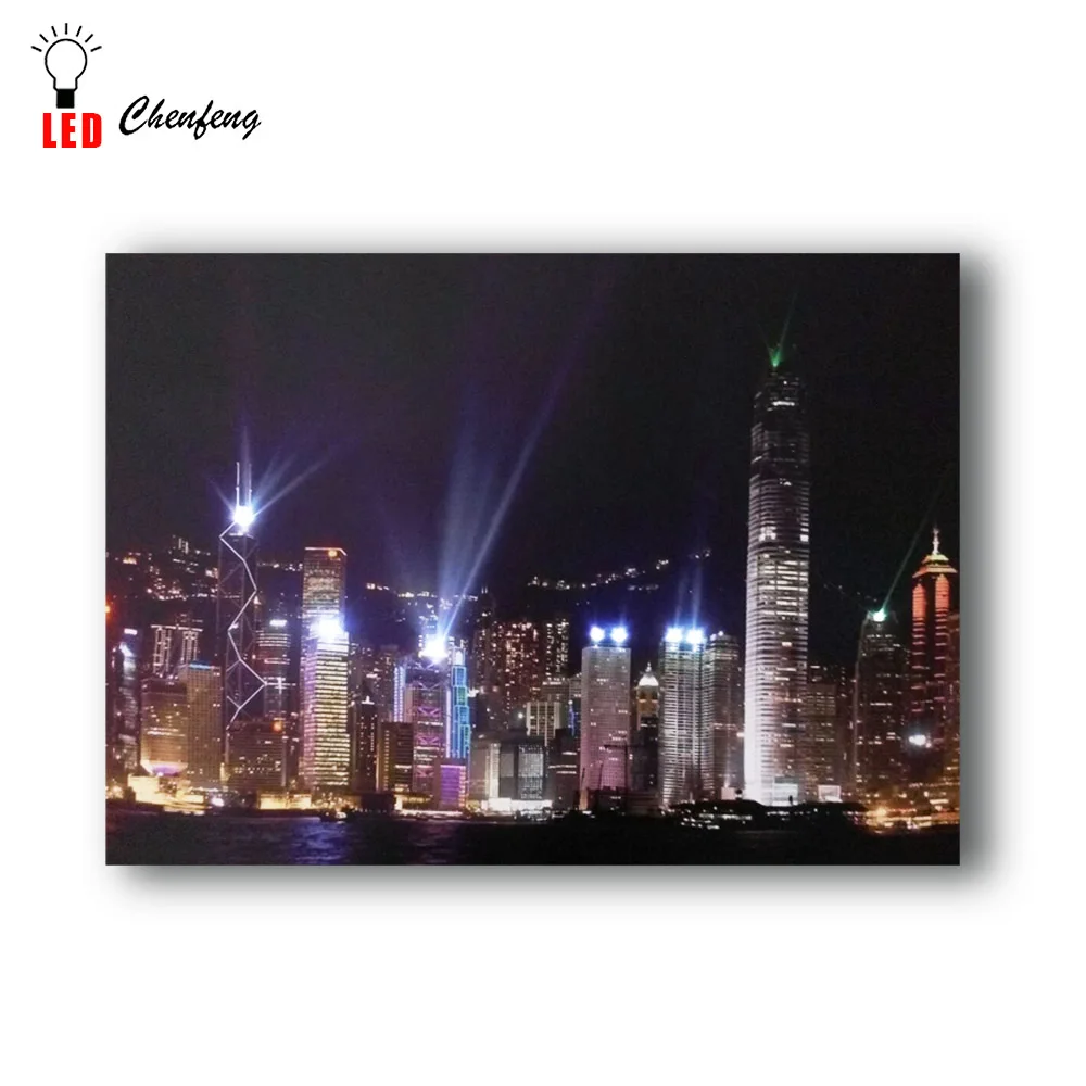Освещенная Настенная картина Hong kong с Нью-Йоркским skyline ночной светодиодный холст Художественная живопись произведение искусства HD Печать рамка батарея открытая 16x24IN