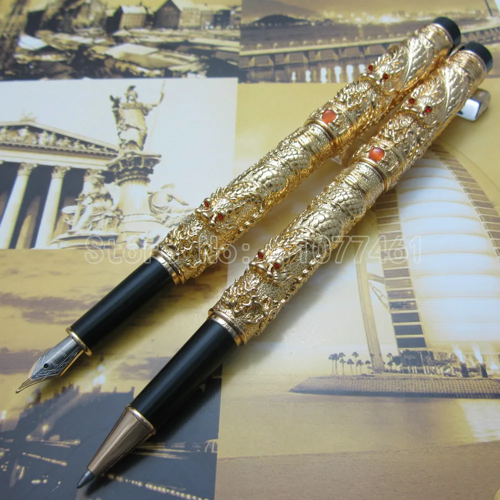

2PCS Jinhao Chinese "double Dragons Playing With The Pearl" Fountain Pen and Rollerball pen Silver Gold Optional J3K77