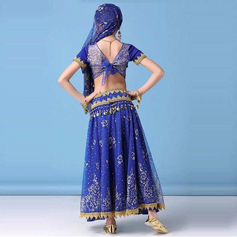 

2019 Sari Dance Wear Children Belly Dance Bollywood Costume Set Girls Indian Flowers Outfit 5pcs (Top Belt Skirt Veil Headpiece)