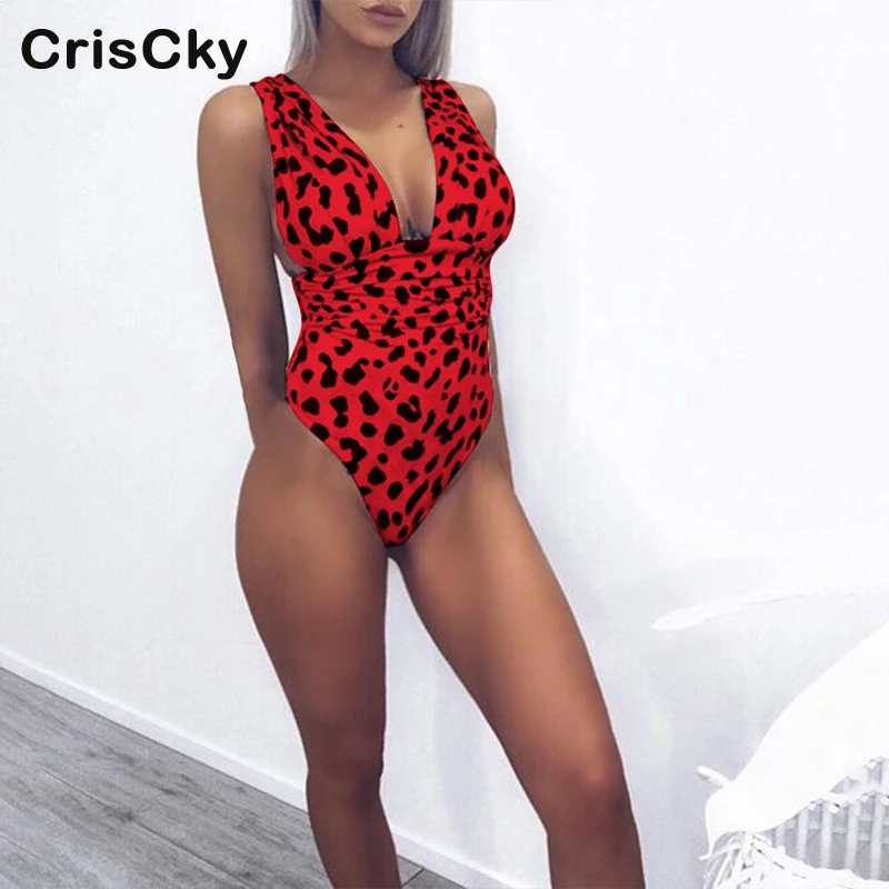 CRISCKY Леопардовый принт Сексуальный Женское боди без рукавов с v-образным вырезом