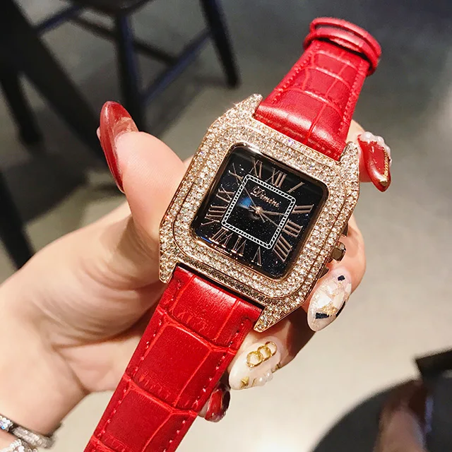 Gold Red Роскошные женские квадратные часы с бриллиантами, женские модные кварцевые часы с кожаным ремешком, стразы, женские часы с серебряным кристаллом, Новинка - Цвет: Gold Red