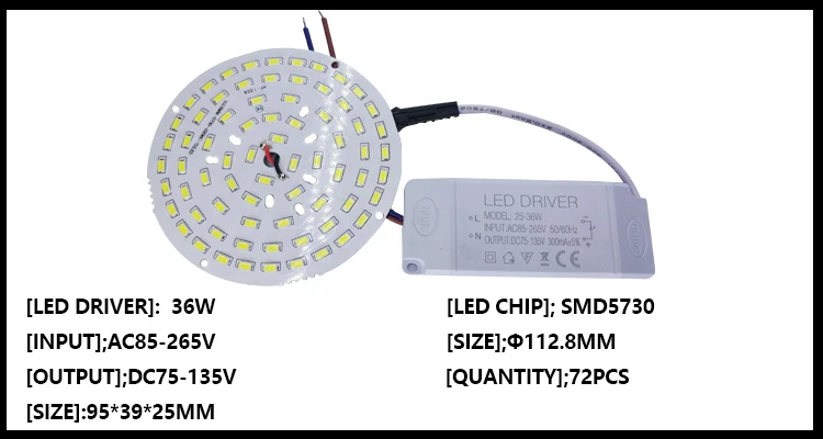 3 Вт 7 Вт 12 Вт 18 Вт 24 Вт 36 Вт 5730 SMD светодиодный светильник Панель для потолка+ AC 100-265 в Светодиодный источник питания