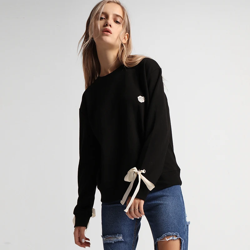Мода 2018 Толстовка Осенне-зимняя Дамская обувь Роза вышивка черный пуловер