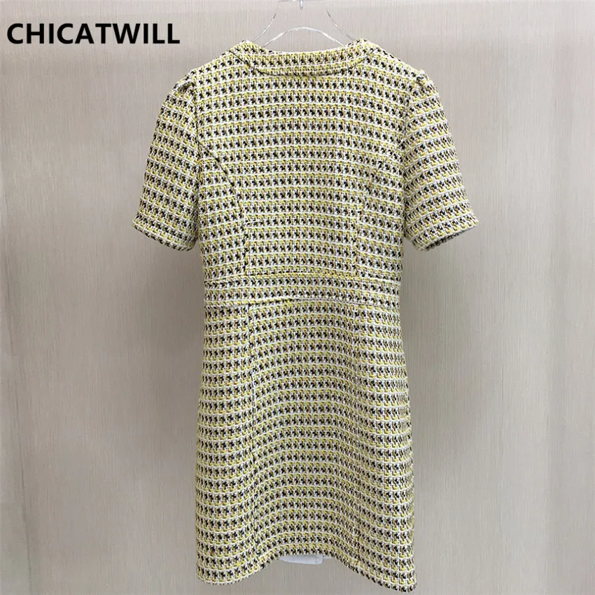 CHICATWILL осеннее Брендовое Новое Элегантное женское желтое твидовое клетчатое платье для офисных леди на пуговицах тонкое платье Прямая поставка