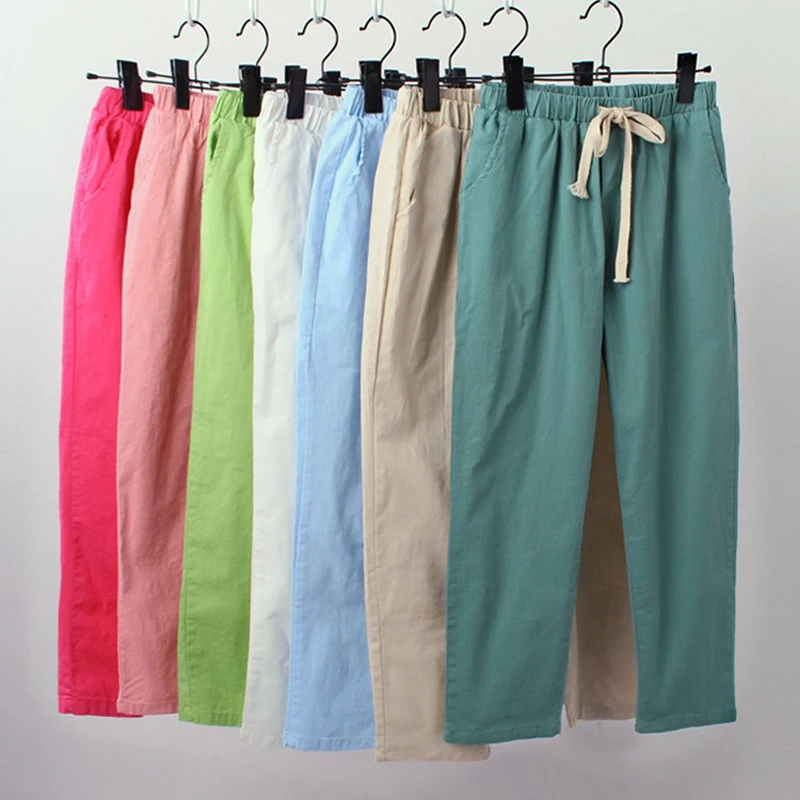 2019 осенние хлопковые льняные брюки для женщин с эластичной резинкой на талии
